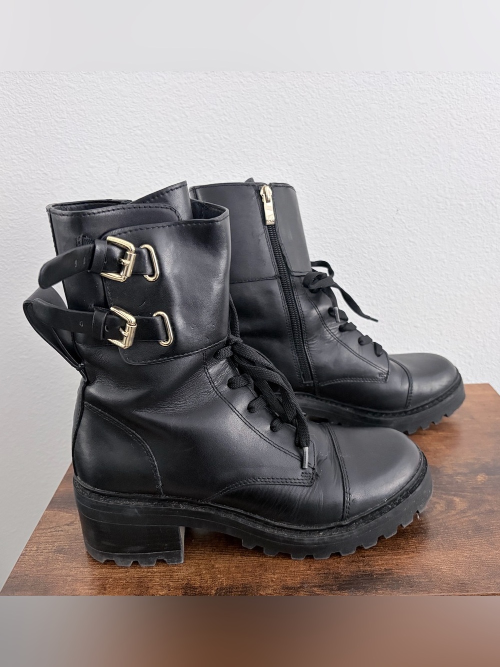 DKNY Black Leather Lace-Up Combat Boots with Gold Buckles